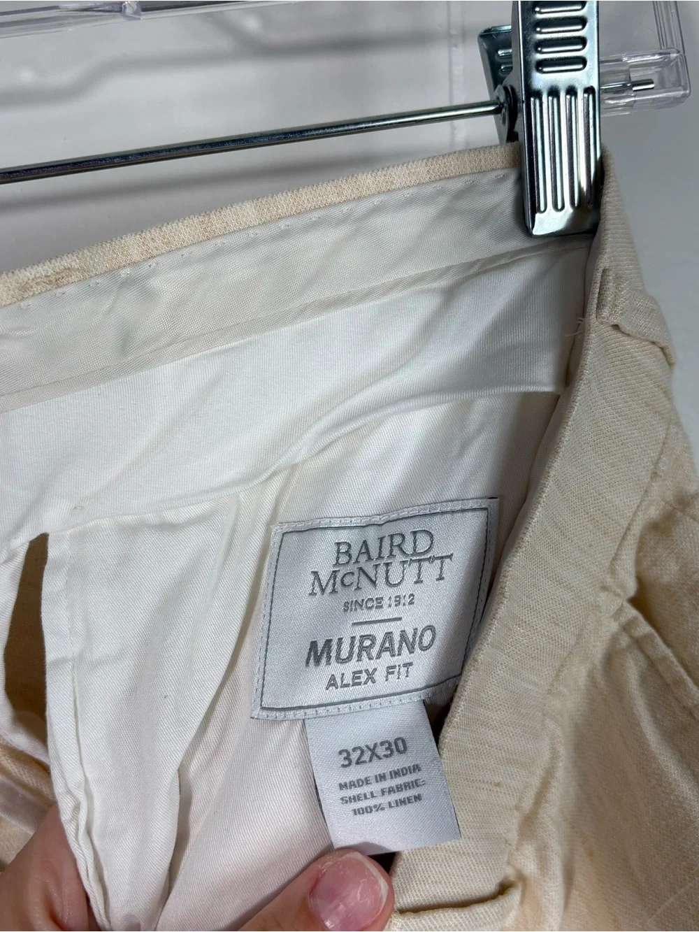 Baird McNutt Merino Alex Fit 100% Linen Beige Tan Rolled Hem Dress Pants 32x30